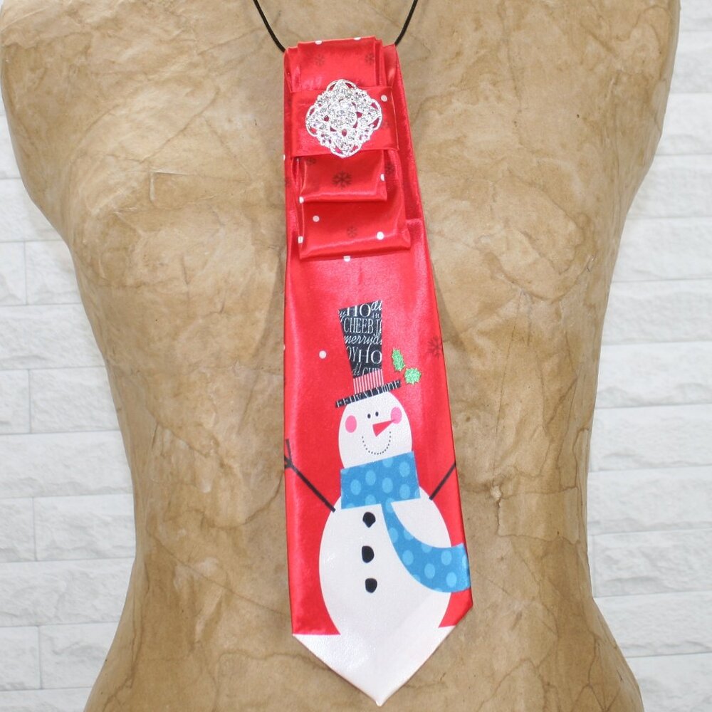 UPCYCLED Neck Tie Necklace Brooch Christmas Snowman Holiday Accessory Red